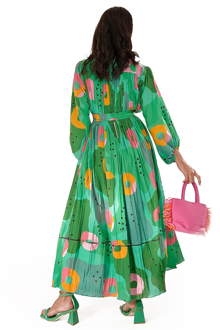 Green Cotton Printed Gathered Maxi Summer Dress by GAACH at Pernia's Pop Up Shop