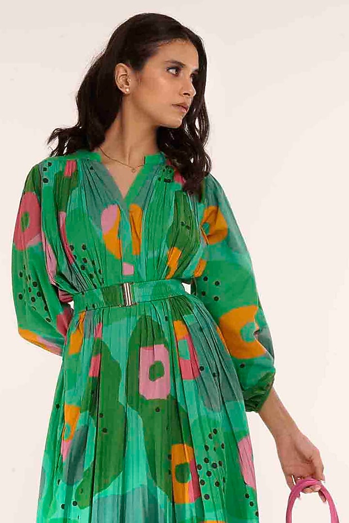 Green Cotton Printed Gathered Maxi Summer Dress by GAACH at Pernia's Pop Up Shop