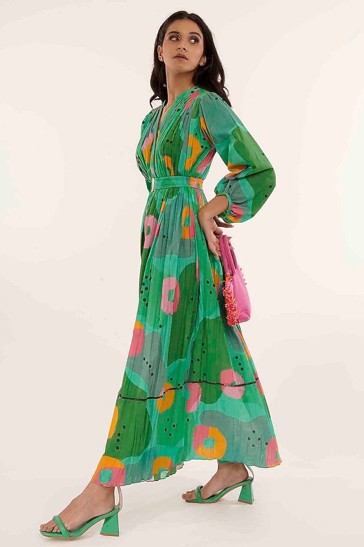 Green Cotton Printed Gathered Maxi Summer Dress by GAACH at Pernia's Pop Up Shop