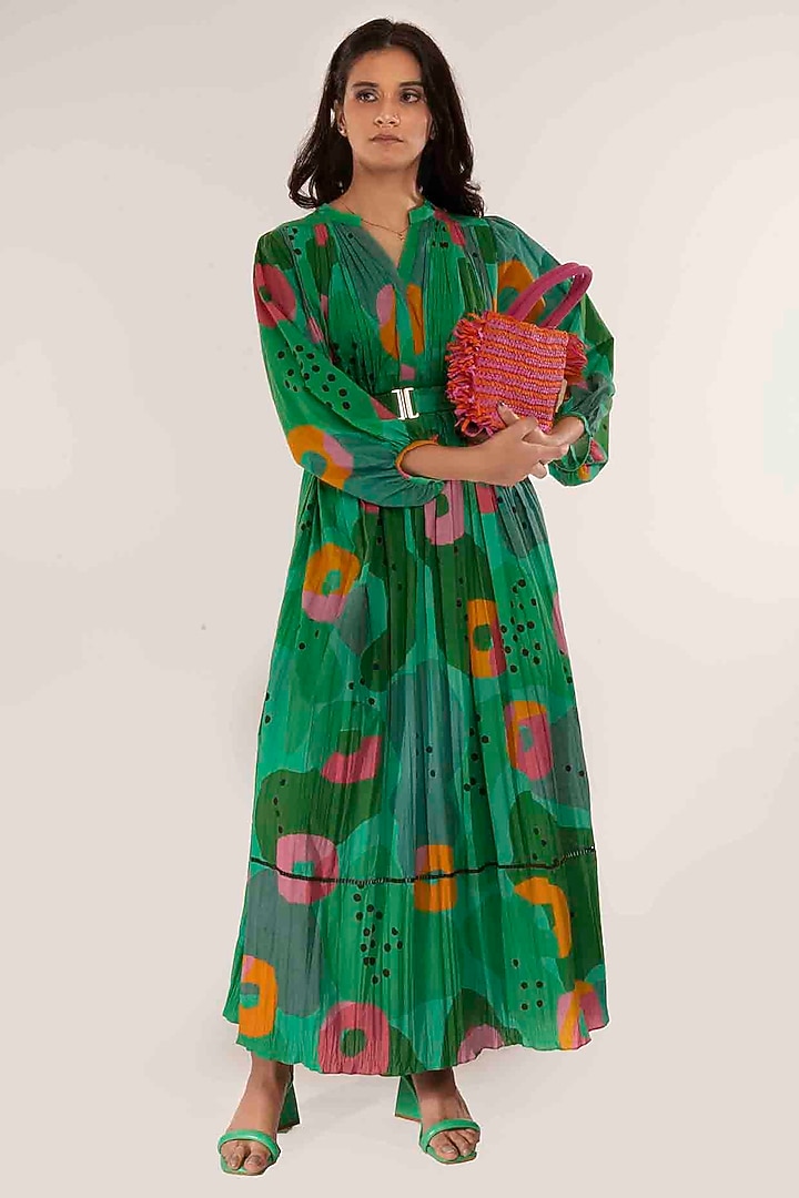 Green Cotton Printed Gathered Maxi Summer Dress by GAACH at Pernia's Pop Up Shop