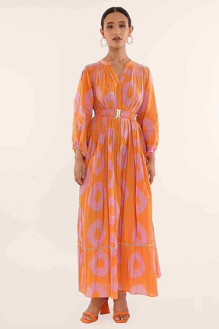 Pink & Orange Cotton Gathered Maxi Dress by GAACH