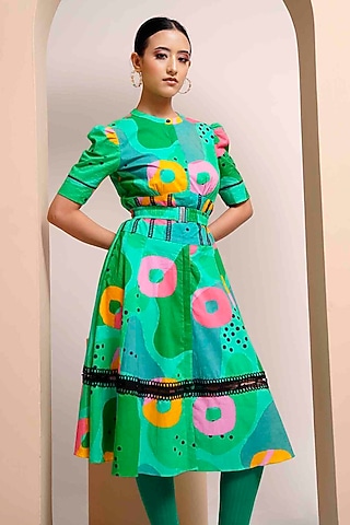Green Cotton Printed Midi Dress by GAACH
