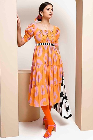 Pink & Orange Cotton Tiered Midi Dress by GAACH