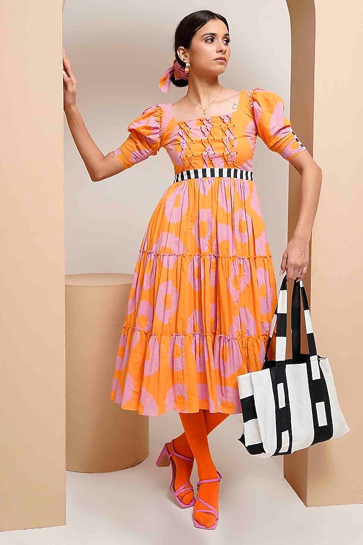 Pink & Orange Cotton Tiered Midi Summer Dress by GAACH at Pernia's Pop Up Shop