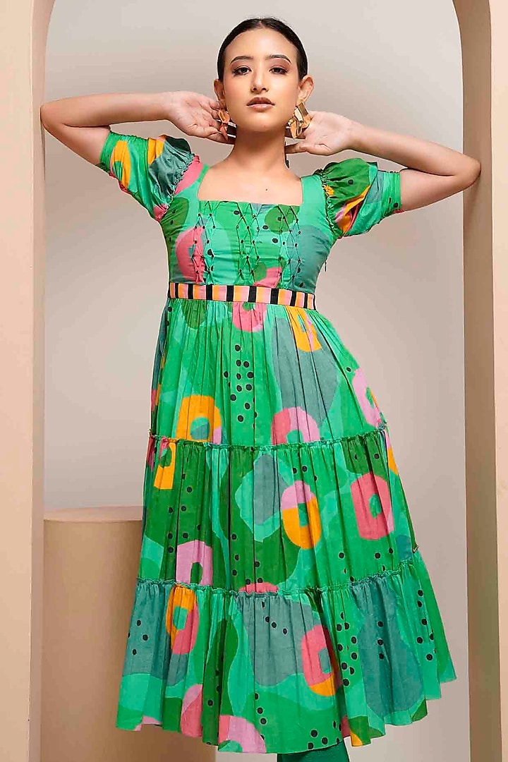 Green Cotton Printed Tiered Midi Dress by GAACH