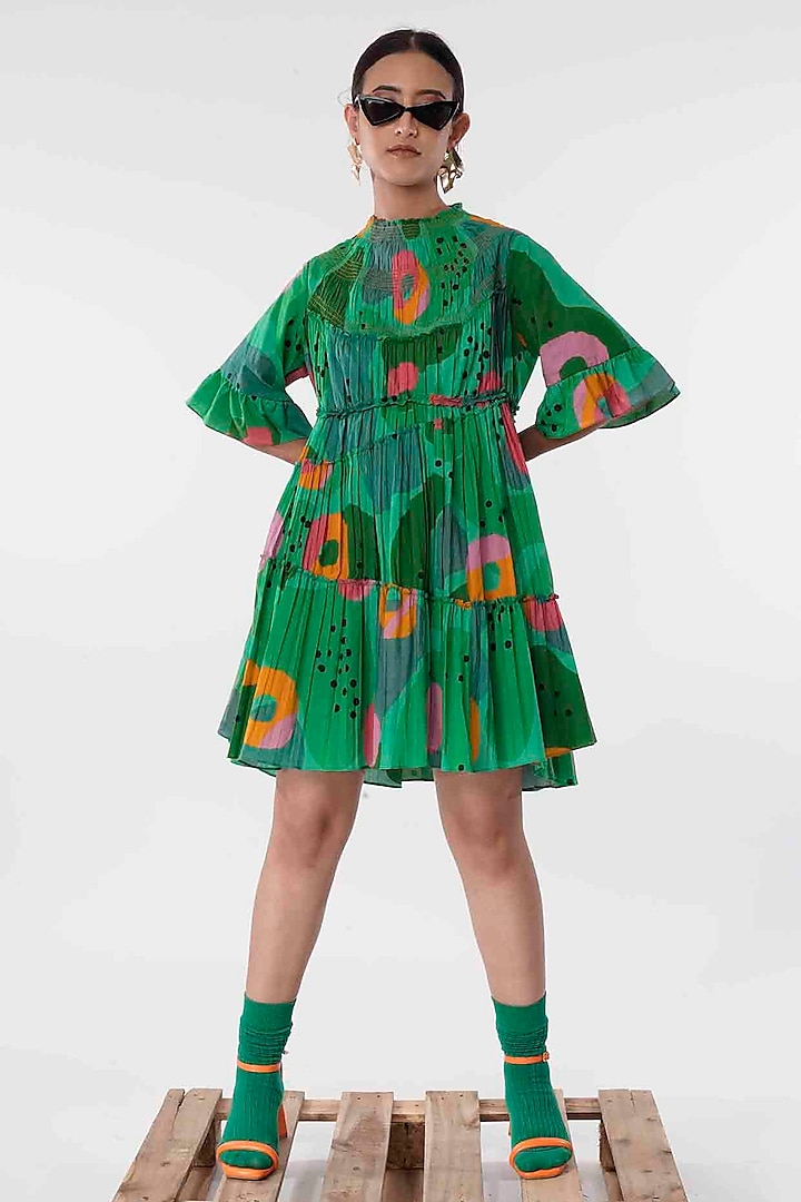 Green Cotton Printed High-Low Tiered Mini Dress by GAACH