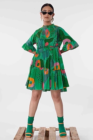 Green Cotton Printed High-Low Tiered Mini Dress by GAACH