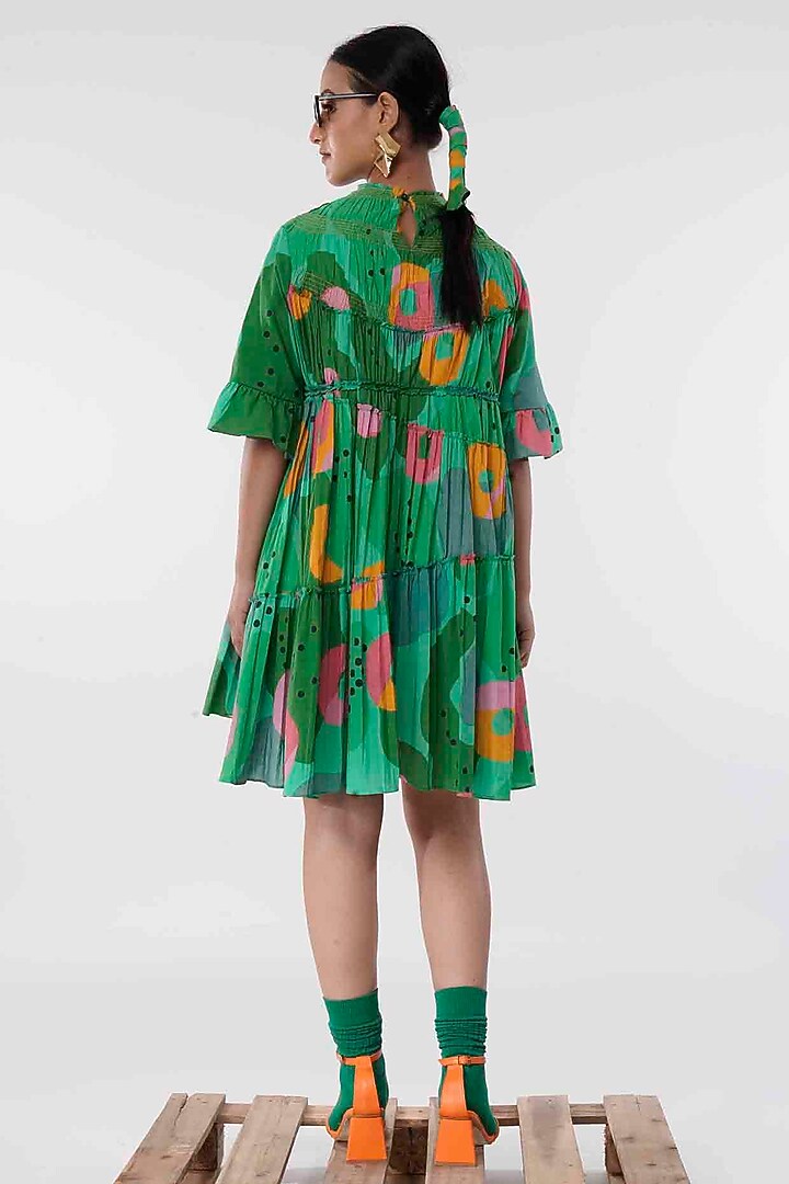 Green Cotton Printed High-Low Tiered Mini Summer Dress by GAACH at Pernia's Pop Up Shop