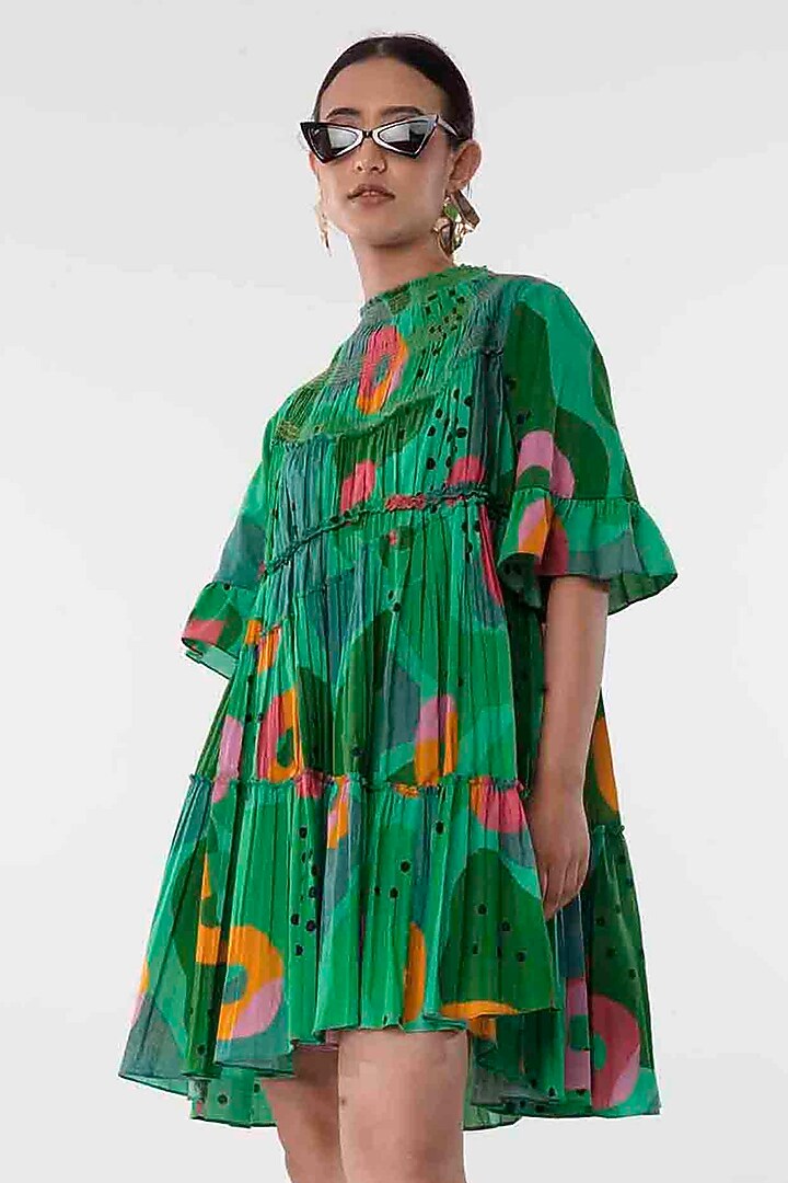 Green Cotton Printed High-Low Tiered Mini Summer Dress by GAACH at Pernia's Pop Up Shop