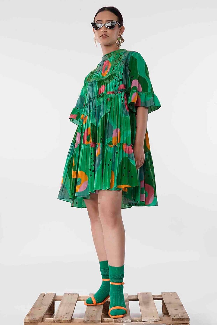 Green Cotton Printed High-Low Tiered Mini Summer Dress by GAACH at Pernia's Pop Up Shop