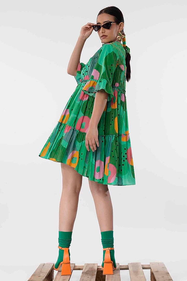 Green Cotton Printed High-Low Tiered Mini Summer Dress by GAACH at Pernia's Pop Up Shop