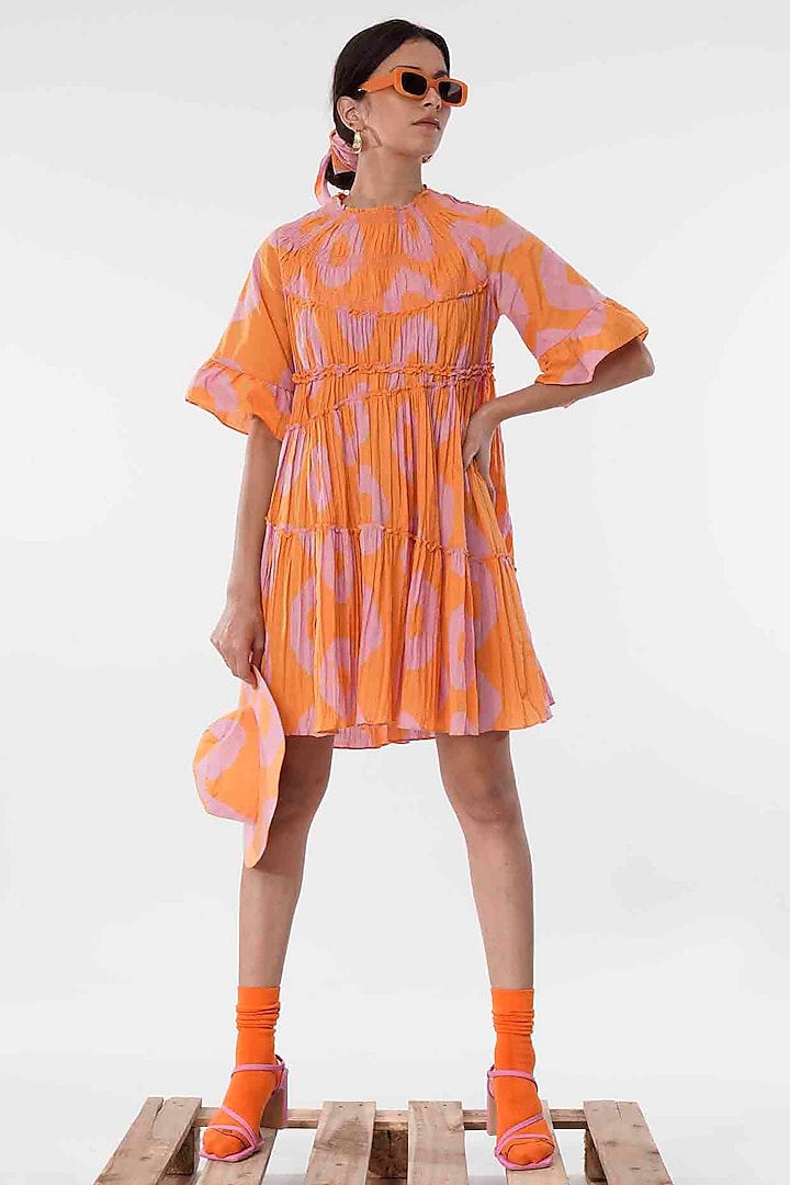 Pink & Orange Cotton High-Low Tiered Mini Dress by GAACH
