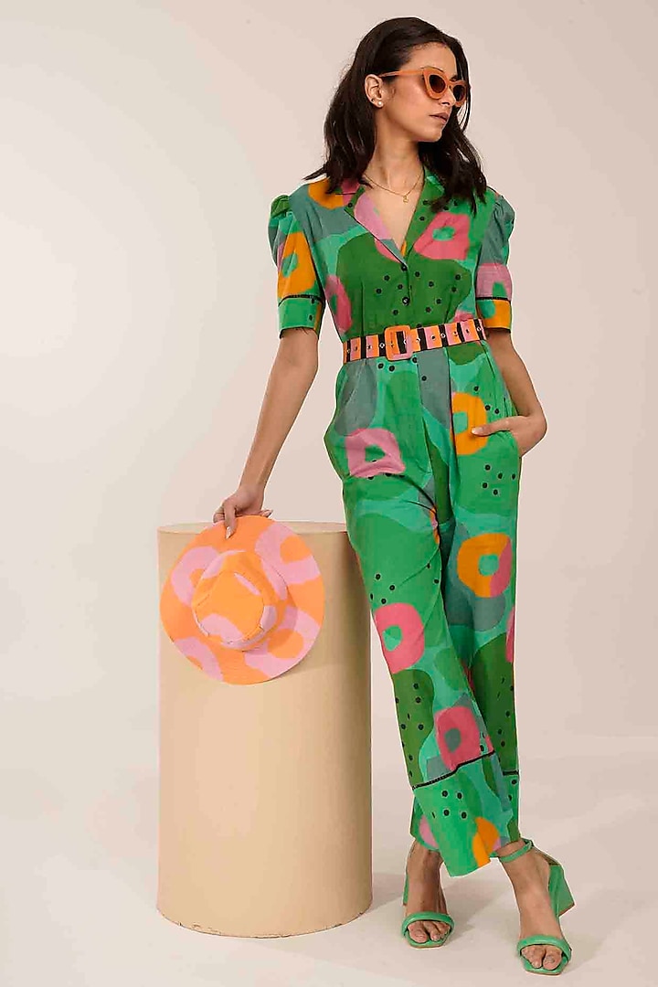 Green Cotton Printed Jumpsuit by GAACH