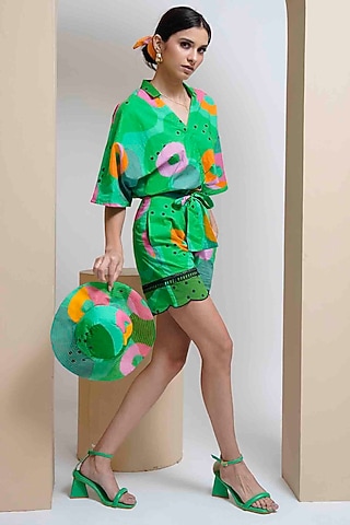 Green Cotton Printed Co-Ord Set by GAACH