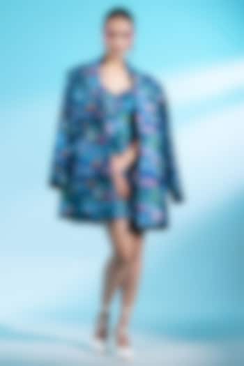 Teal Blue Chanderi Silk Forest Printed Blazer With Dress by Gazab By Miku Kumar at Pernia's Pop Up Shop