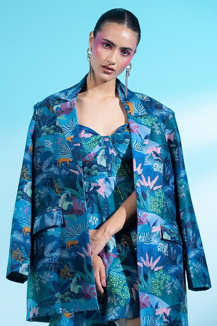 Teal Blue Chanderi Silk Forest Printed Blazer With Dress by Gazab By Miku Kumar at Pernia's Pop Up Shop