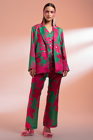 Pink Silk Floral Printed Blazer Set by Gazab By Miku Kumar