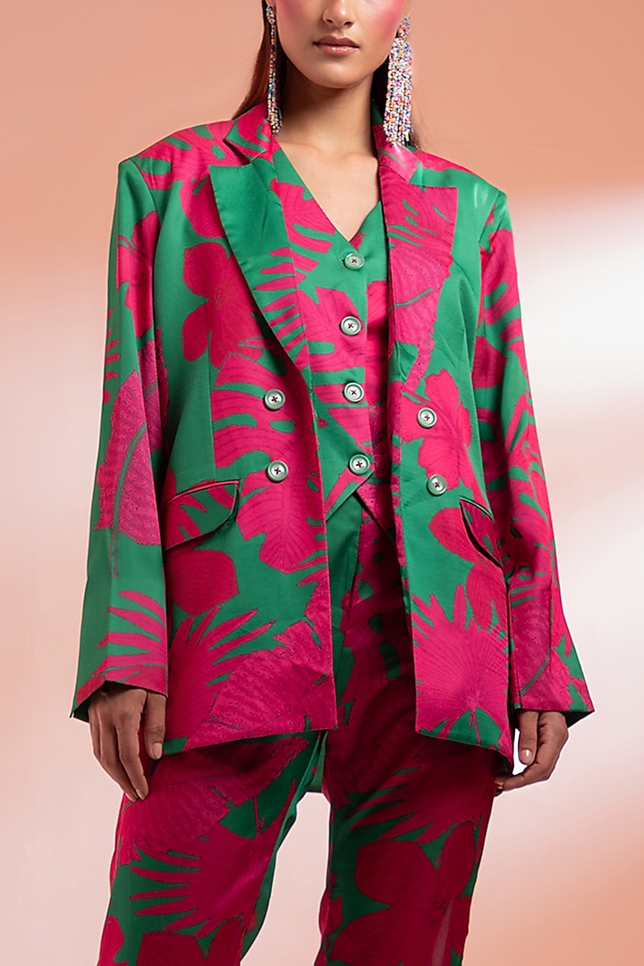 Pink Silk Floral Printed Blazer Set by Gazab By Miku Kumar at Pernia's Pop Up Shop