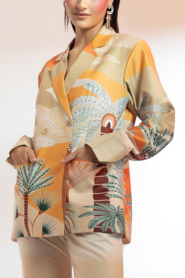 Beige Chanderi Silk Printed Blazer Set by Gazab By Miku Kumar at Pernia's Pop Up Shop