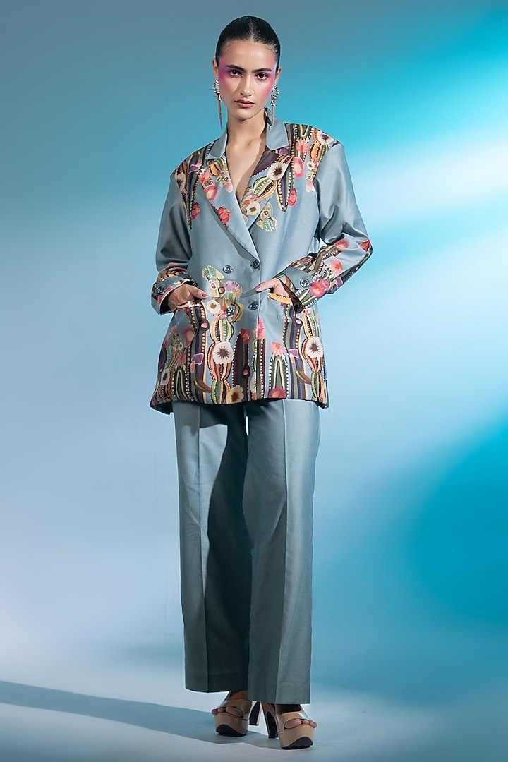 Light Blue Chanderi Silk Printed Blazer Set by Gazab By Miku Kumar at Pernia's Pop Up Shop