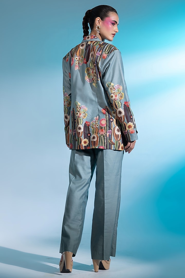 Light Blue Chanderi Silk Printed Blazer Set by Gazab By Miku Kumar at Pernia's Pop Up Shop