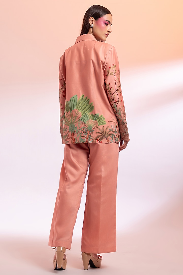 Peach Chanderi Silk Leaf Printed Blazer Set by Gazab By Miku Kumar at Pernia's Pop Up Shop