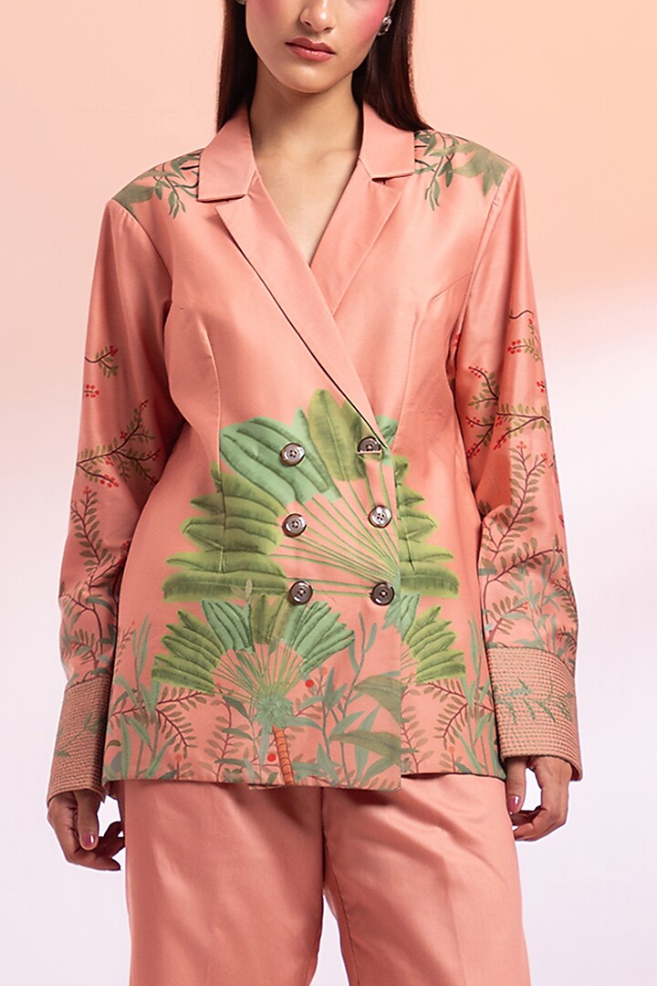 Peach Chanderi Silk Leaf Printed Blazer Set by Gazab By Miku Kumar at Pernia's Pop Up Shop