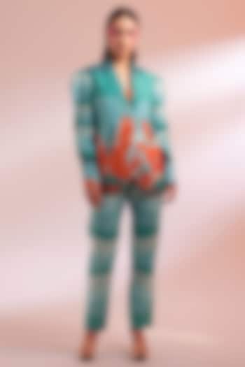 Green & Orange Chanderi Silk Printed Blazer Set by Gazab By Miku Kumar at Pernia's Pop Up Shop