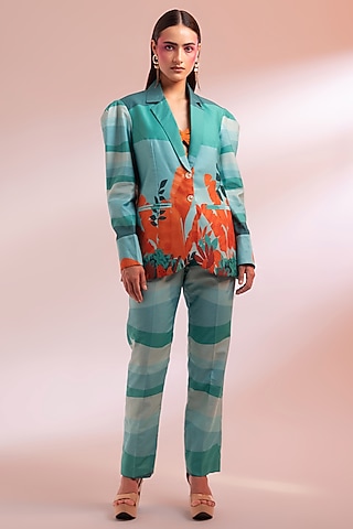 Green & Orange Chanderi Silk Printed Blazer Set by Gazab By Miku Kumar