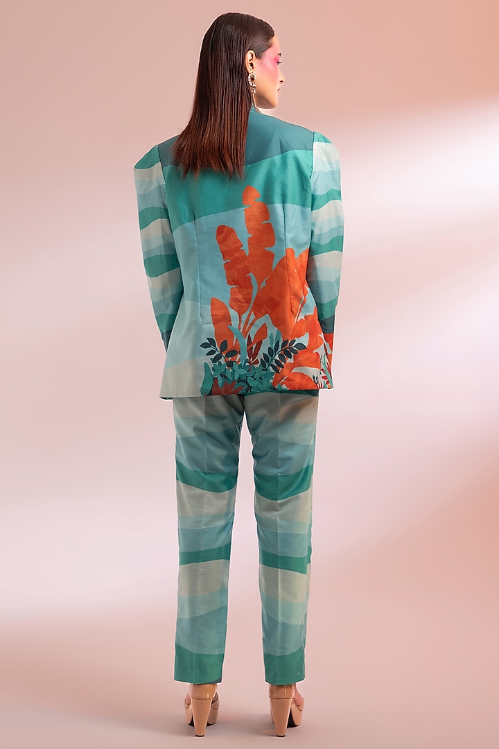 Green & Orange Chanderi Silk Printed Blazer Set by Gazab By Miku Kumar at Pernia's Pop Up Shop