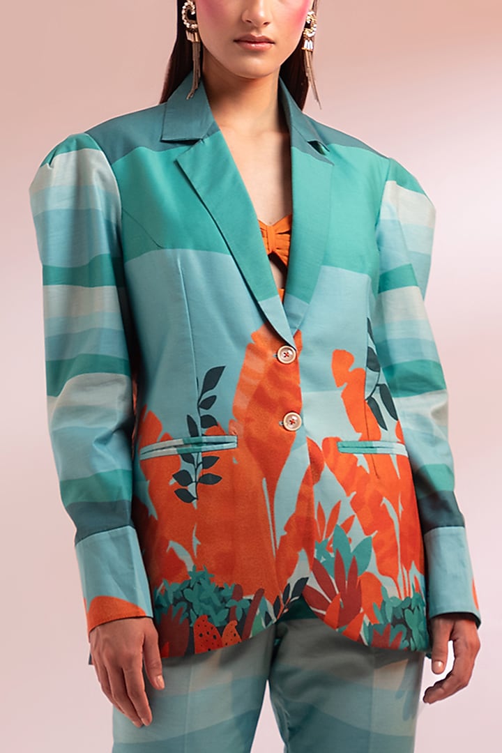 Green & Orange Chanderi Silk Printed Blazer Set by Gazab By Miku Kumar at Pernia's Pop Up Shop