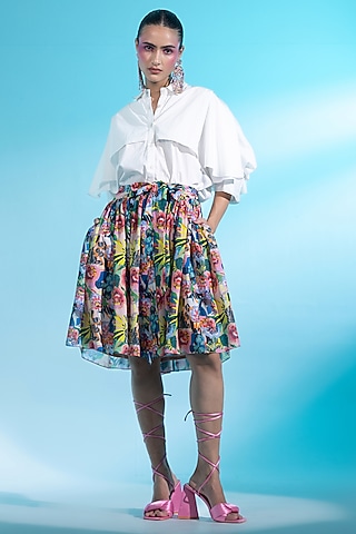 Multi-Colored Linen Box-Pleated Printed Skirt Set by Gazab By Miku Kumar