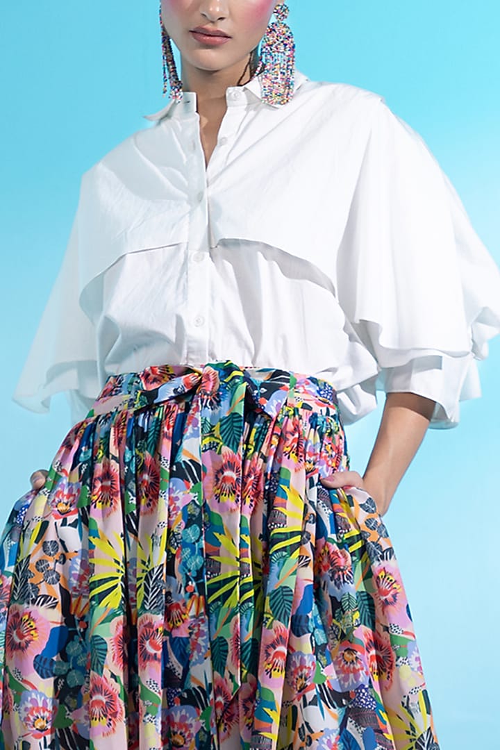 Multi-Colored Linen Box-Pleated Printed Skirt Set by Gazab By Miku Kumar at Pernia's Pop Up Shop