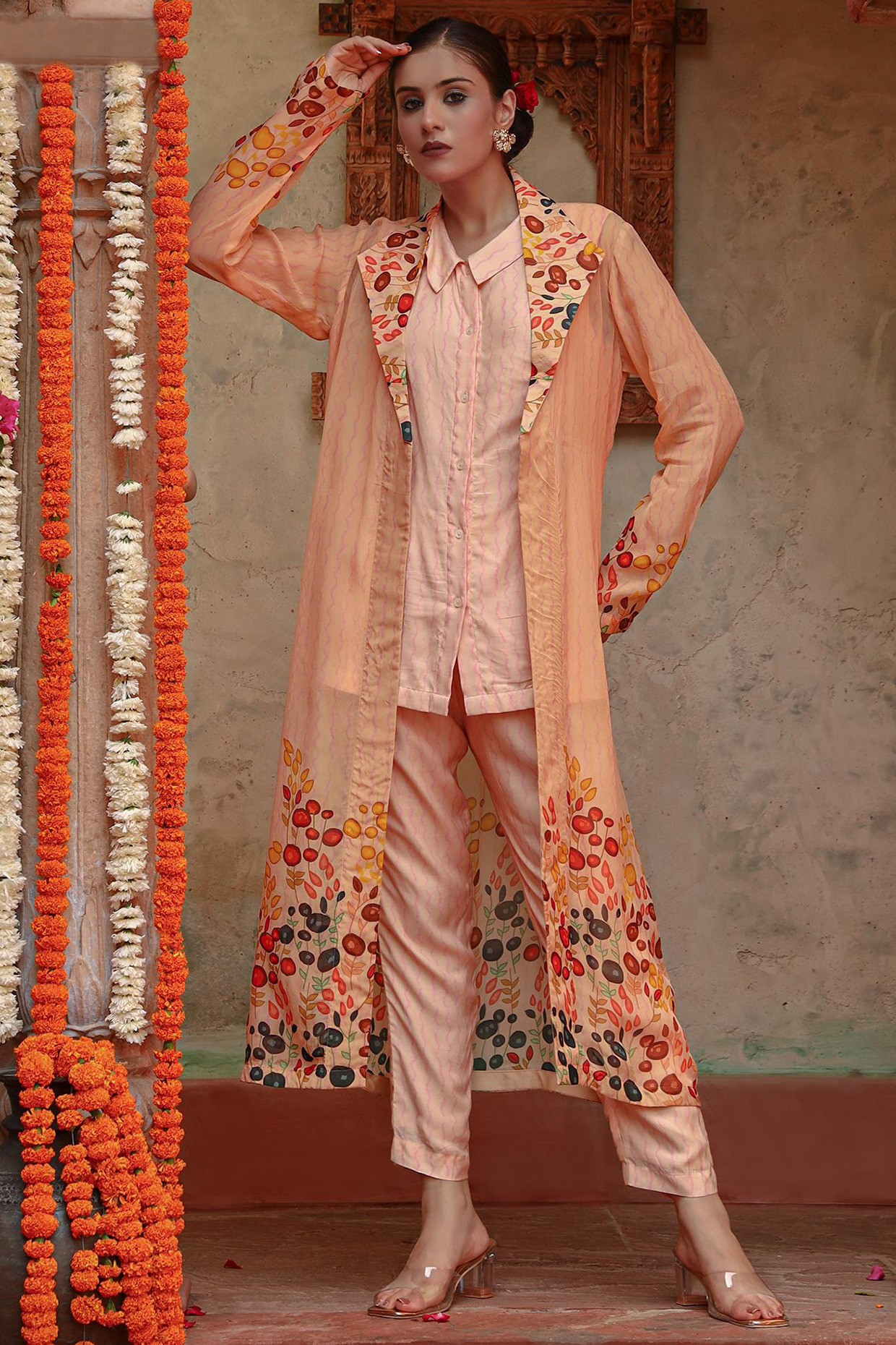 Peach Organza Floral Printed Cape Set by Gazab By Miku Kumar at Pernia's Pop Up Shop