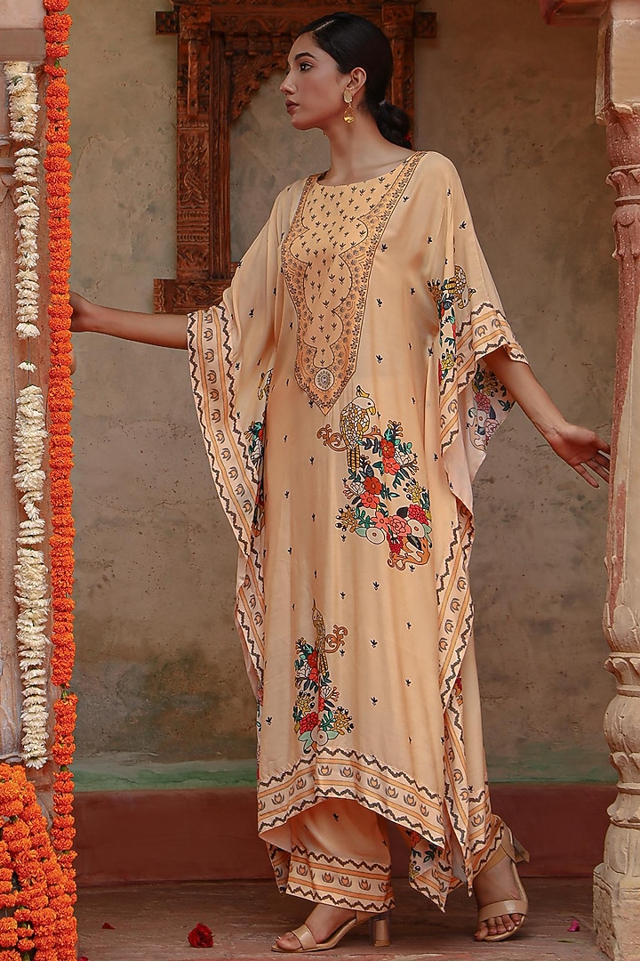 Ivory Muslin Floral Printed Kaftan Set by Gazab By Miku Kumar at Pernia's Pop Up Shop