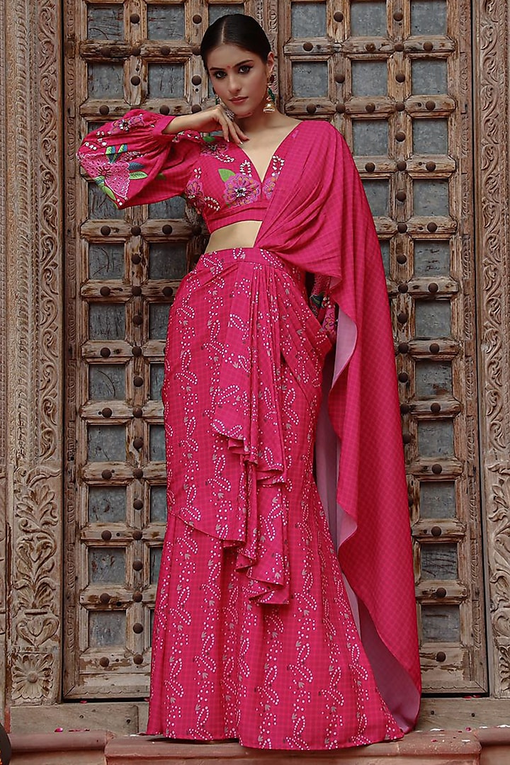 Hot Pink Georgette Printed Pre-Draped Saree Set by Gazab By Miku Kumar at Pernia's Pop Up Shop