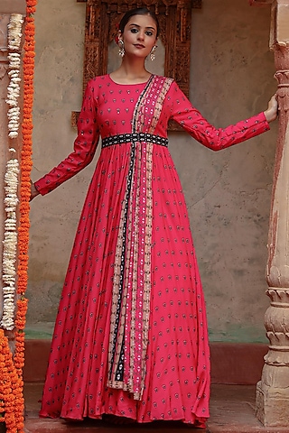 Hot Pink Muslin Printed Anarkali Set by Gazab By Miku Kumar
