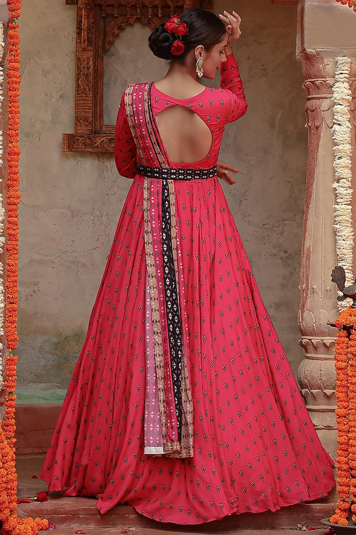 Hot Pink Muslin Printed Party Wear Anarkali Set by Gazab By Miku Kumar at Pernia's Pop Up Shop