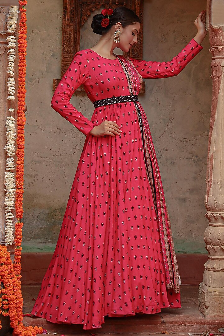 Hot Pink Muslin Printed Party Wear Anarkali Set by Gazab By Miku Kumar at Pernia's Pop Up Shop