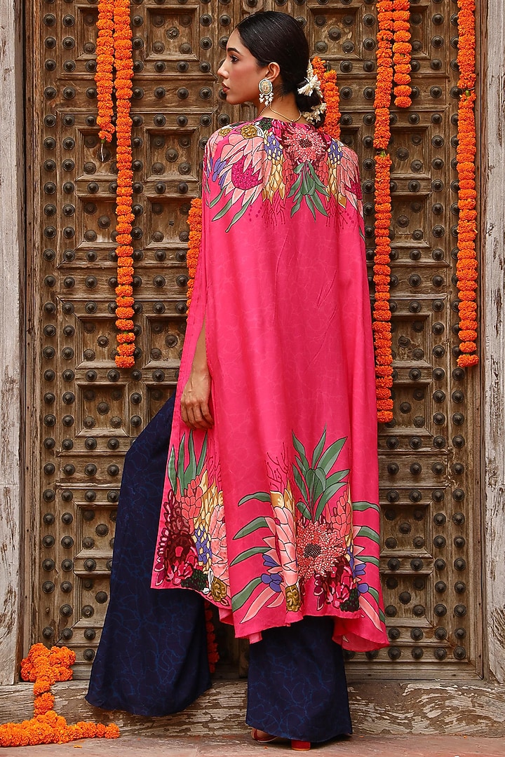 Hot Pink Muslin Hand Embellished Cape Set by Gazab By Miku Kumar at Pernia's Pop Up Shop