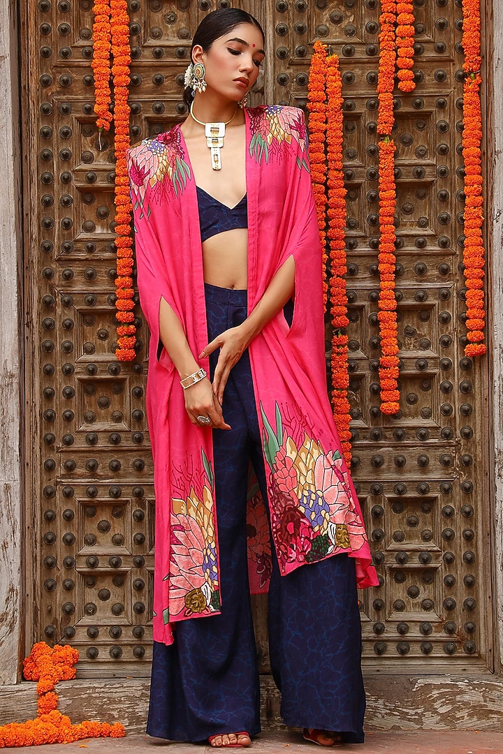Hot Pink Muslin Hand Embellished Cape Set by Gazab By Miku Kumar at Pernia's Pop Up Shop