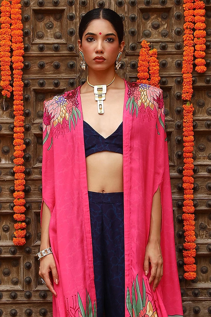 Hot Pink Muslin Hand Embellished Cape Set by Gazab By Miku Kumar at Pernia's Pop Up Shop