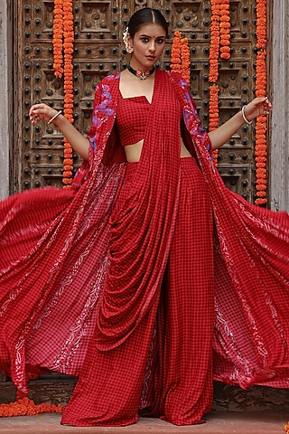 Maroon Muslin Palazzo Draped Saree Set by Gazab By Miku Kumar