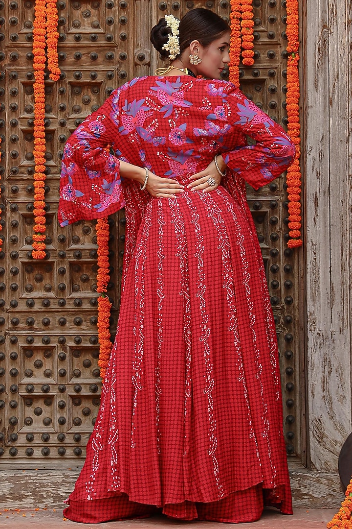 Maroon Muslin Palazzo Draped Party Wear Saree Set by Gazab By Miku Kumar at Pernia's Pop Up Shop
