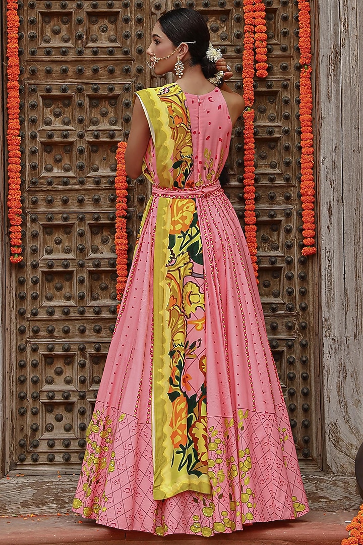 Baby Pink Muslin Sequins Embroidered Wedding Anarkali Set by Gazab By Miku Kumar at Pernia's Pop Up Shop