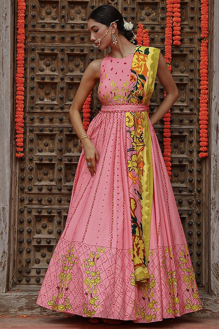 Baby Pink Muslin Sequins Embroidered Wedding Anarkali Set by Gazab By Miku Kumar at Pernia's Pop Up Shop