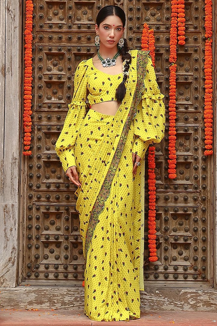 Lime Yellow Georgette Pre-Draped Saree Set by Gazab By Miku Kumar at Pernia's Pop Up Shop