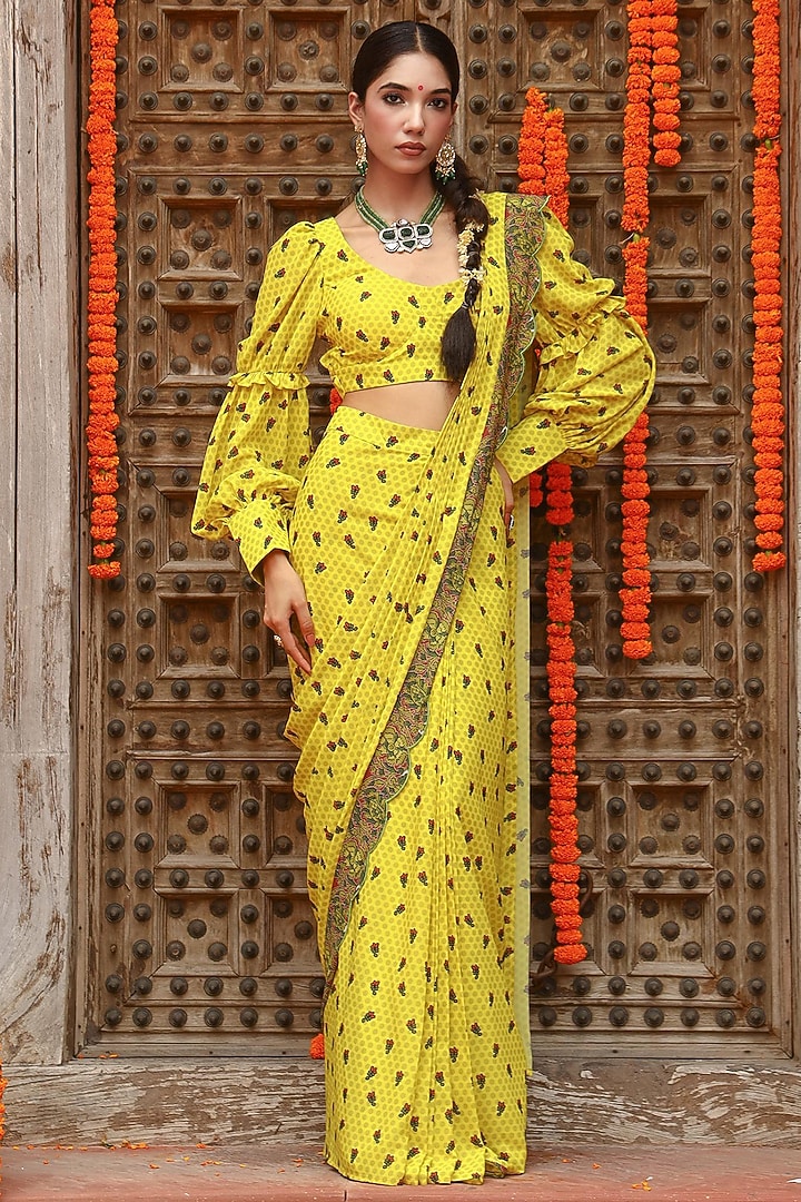 Lime Yellow Georgette Pre-Draped Party Wear Saree Set by Gazab By Miku Kumar at Pernia's Pop Up Shop