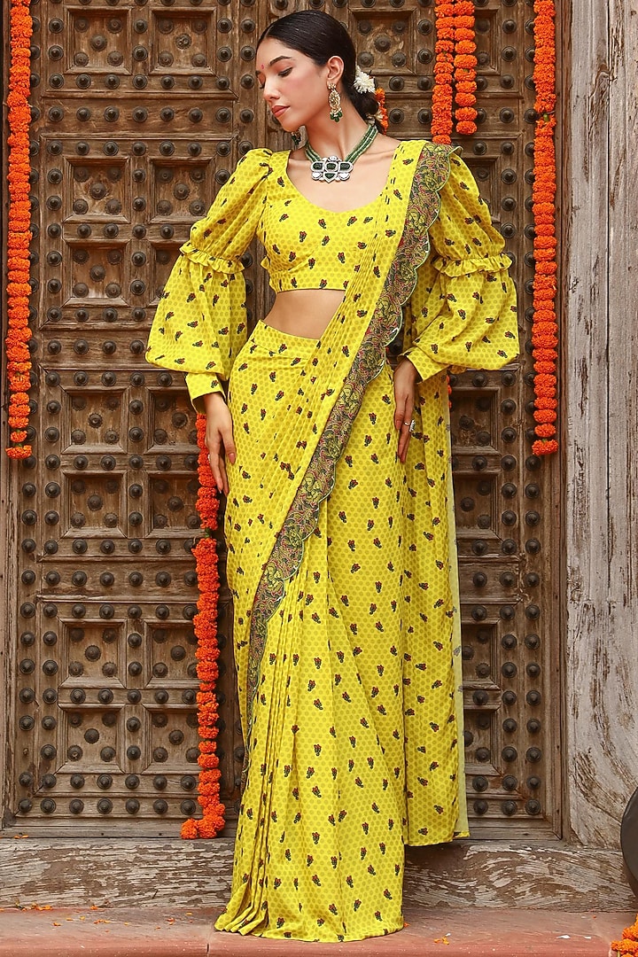 Lime Yellow Georgette Pre-Draped Party Wear Saree Set by Gazab By Miku Kumar at Pernia's Pop Up Shop
