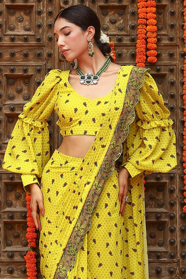 Lime Yellow Georgette Pre-Draped Party Wear Saree Set by Gazab By Miku Kumar at Pernia's Pop Up Shop
